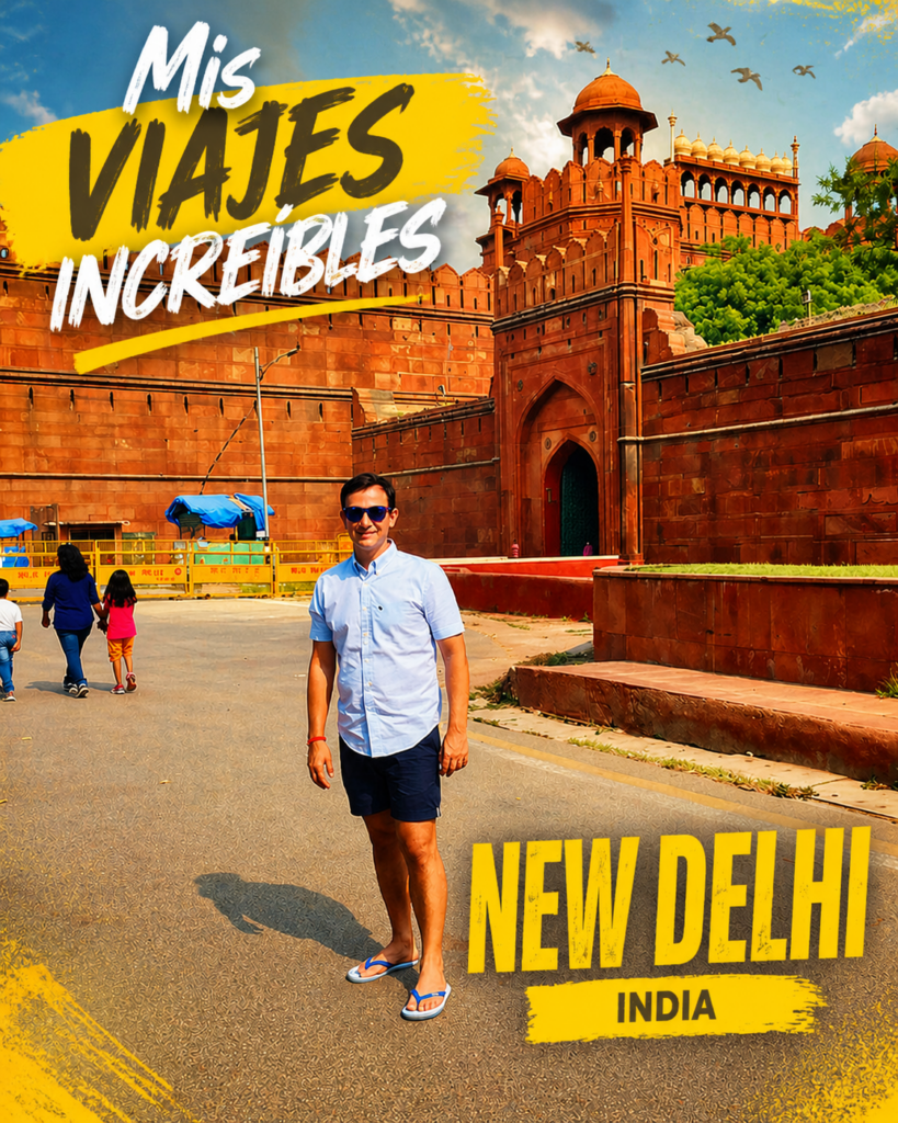 Guillermo Daniel García Lu Bello posando frente al Fuerte Rojo de New Delhi, India, en una imagen promocional de Mis Viajes Increíbles con datos de redes sociales.