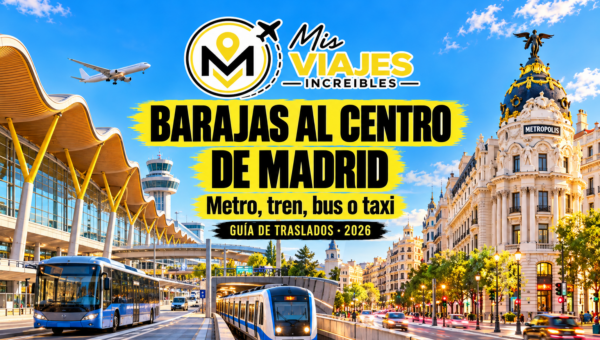 Portada ilustrada de Barajas al centro de Madrid, con aeropuerto, transporte y Gran Vía