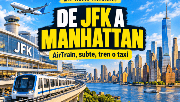 Portada ilustrada de JFK a Manhattan con AirTrain y el perfil de Nueva York